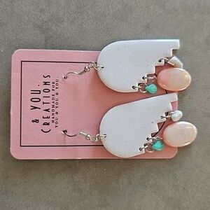 Handmade Abstract Arch Dangle Earrings, White Speckled Clay with Gemstone Charms